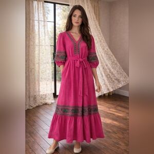 Boden Pink Embroidered Midi Dress Belted Cotton Size 4